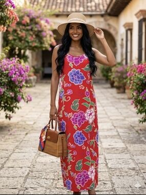 DEREK HEART Red Floral Soft  Stretch Women's Midi Dress Size 1X PLUS